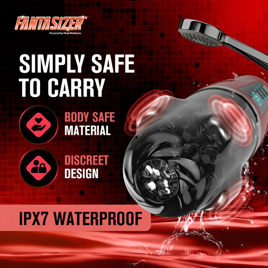 Black fantasizer peak performa hypershaker red waterproof personal massager with glossy finish and chrome showerhead attachment