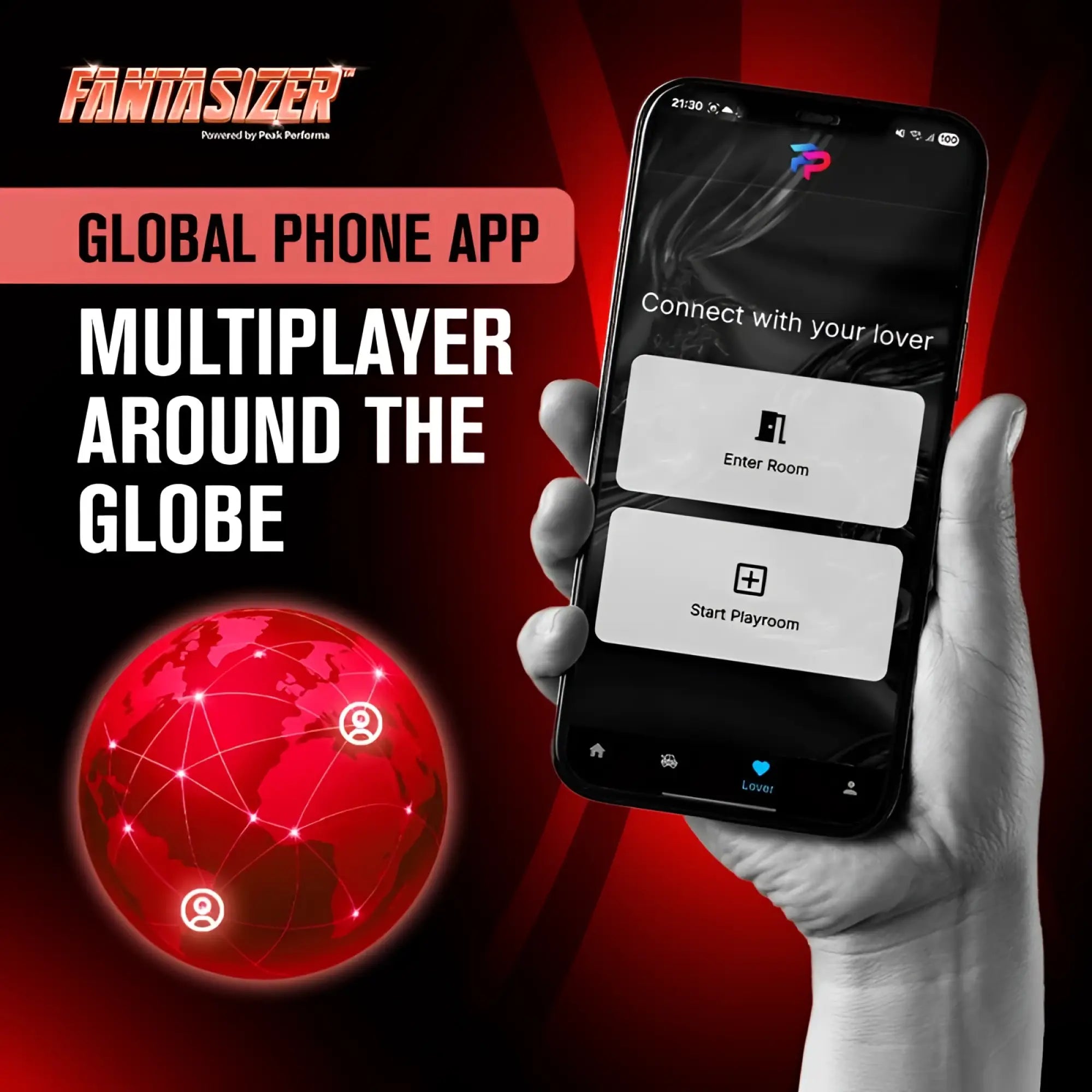 Black smartphone displaying fantasizer app interface with enter room and start playroom options for red peak performa hypershaker automatic app controlled lcd masturbator
