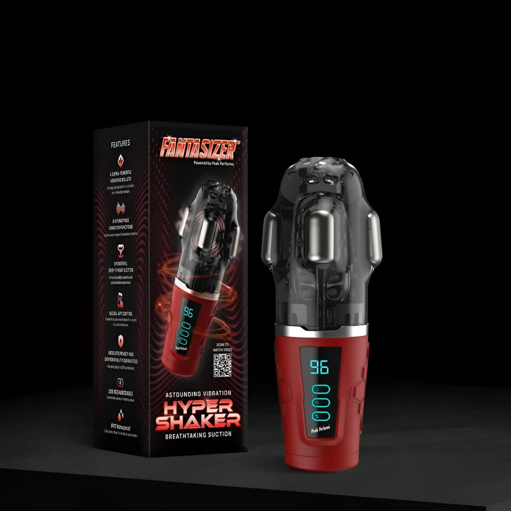Red and black peak performa hypershaker automatic app controlled lcd masturbator with transparent upper section showing components
