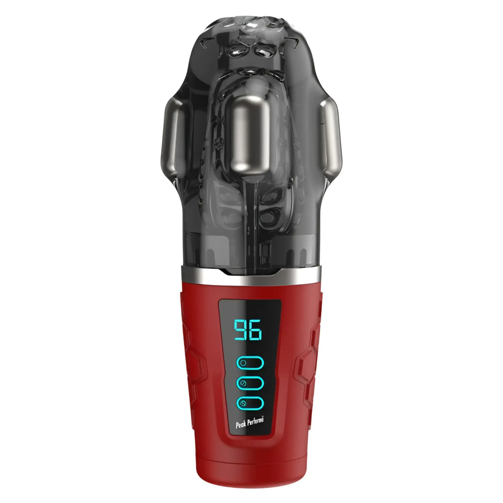 Red and black Peak Performa Hypershaker automatic app controlled LCD masturbator with digital display and translucent skull top