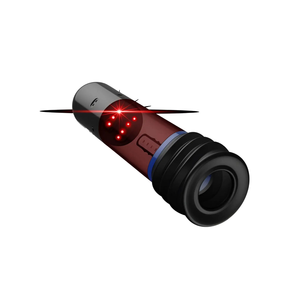 Black cylindrical laser pointer with red led lights and transparent section showing internal parts for peak performa isp90 curve infrared automatic lcd penis pump blue