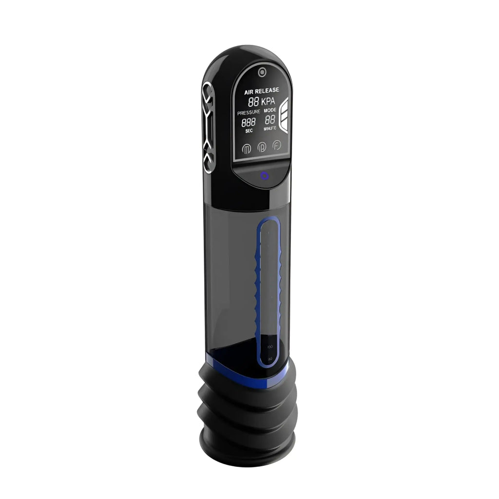 Peak performa isp90 curve infrared automatic lcd penis pump in black and blue with a transparent chamber