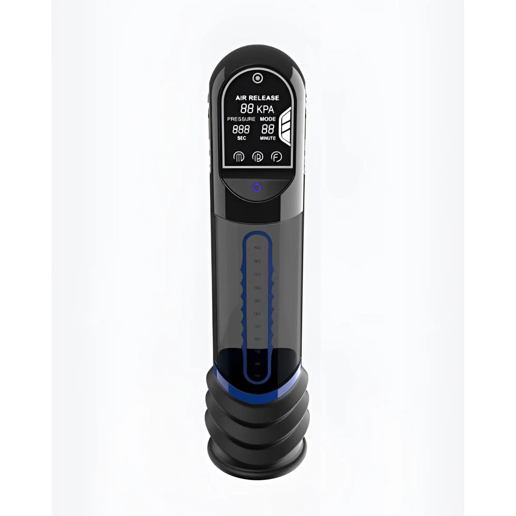 Black and blue peak performa isp90 curve infrared automatic lcd penis pump with transparent chamber showing pressure readings