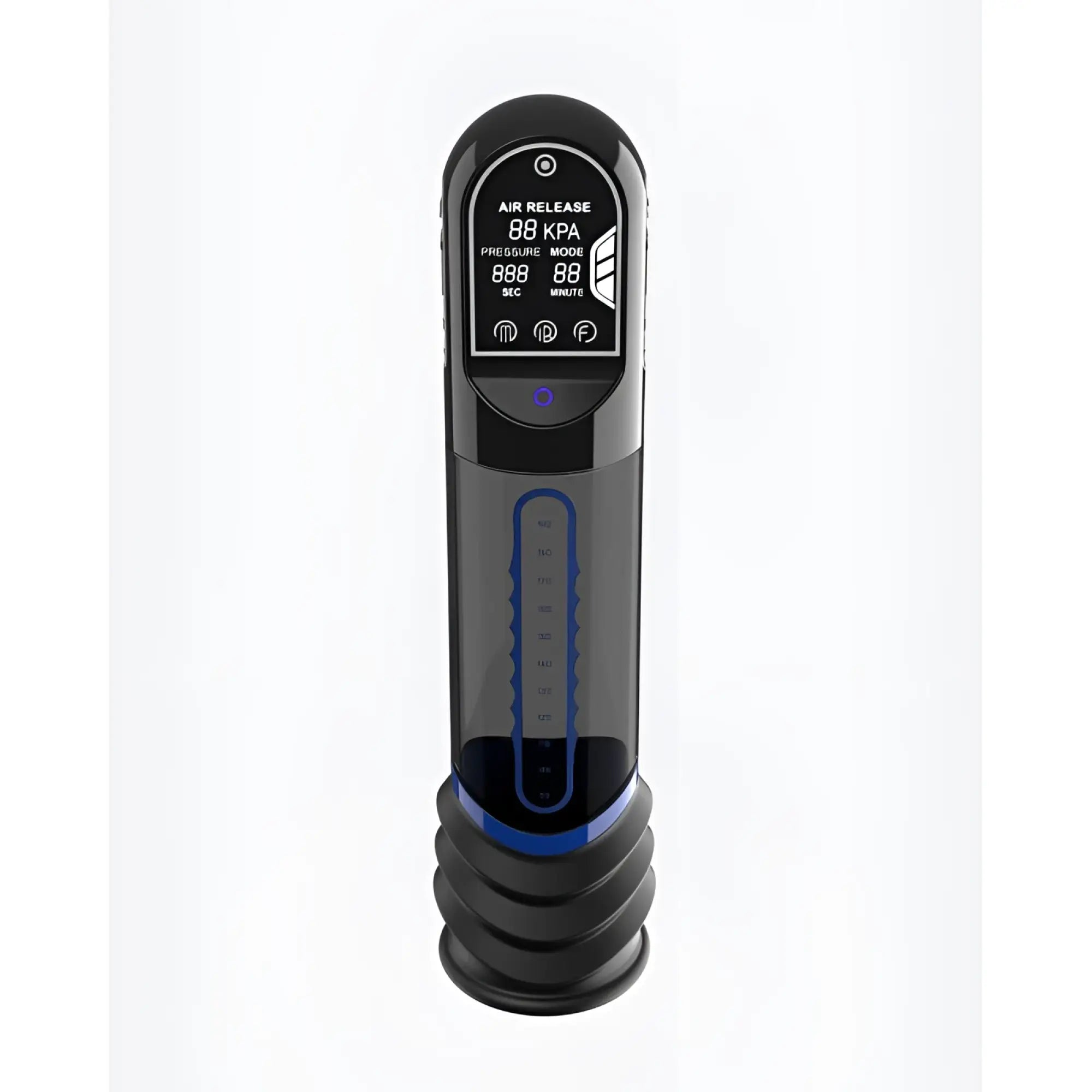 Black and blue peak performa isp90 curve infrared automatic lcd penis pump with transparent chamber showing pressure readings