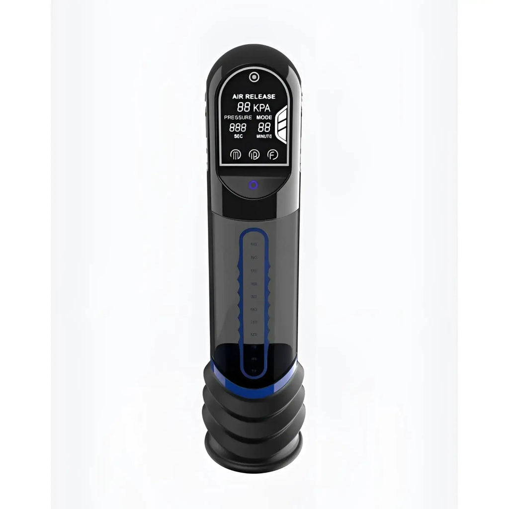 Black and blue peak performa isp90 curve infrared automatic lcd penis pump with transparent chamber showing pressure readings