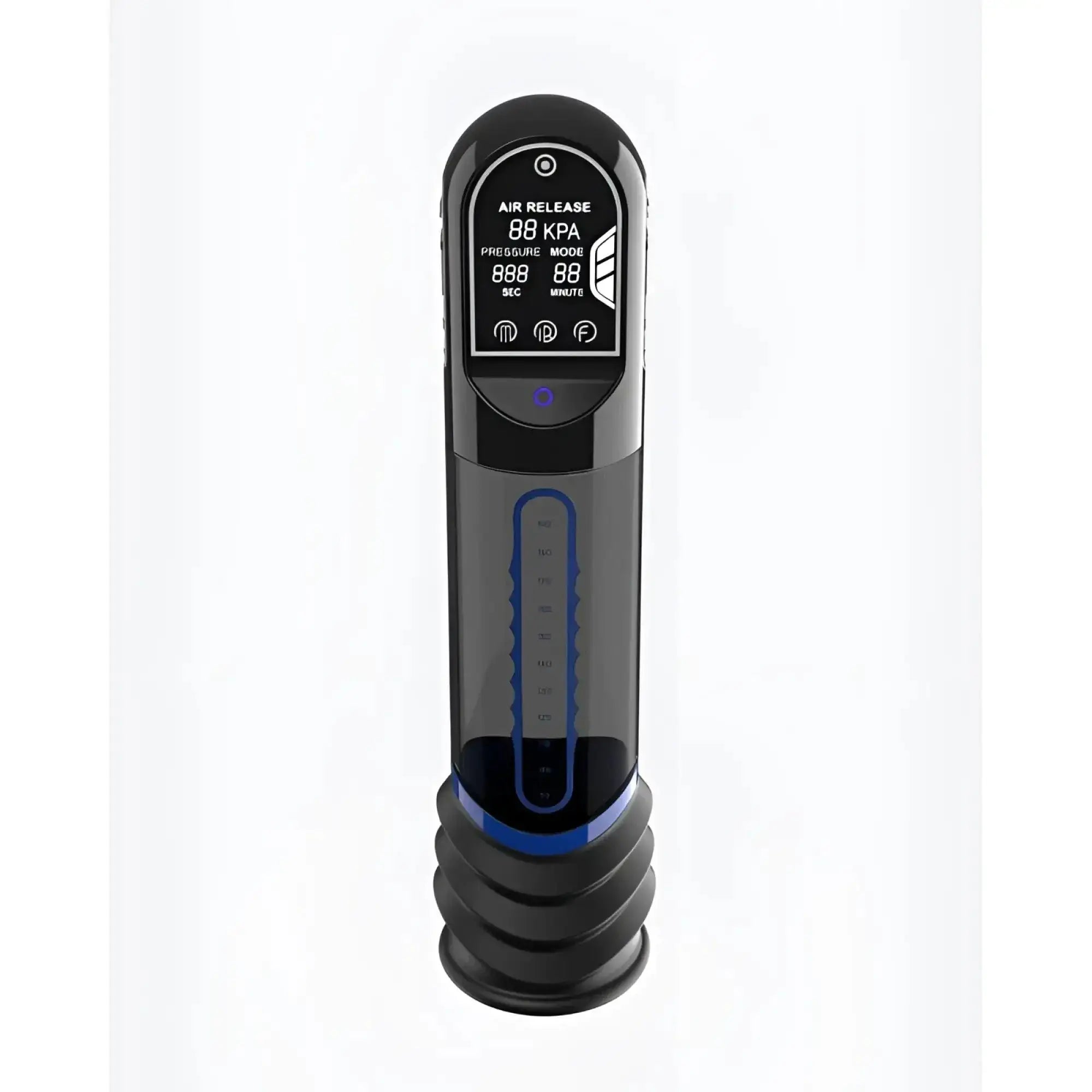 Black and blue peak performa isp90 curve infrared automatic lcd penis pump with transparent chamber showing pressure readings