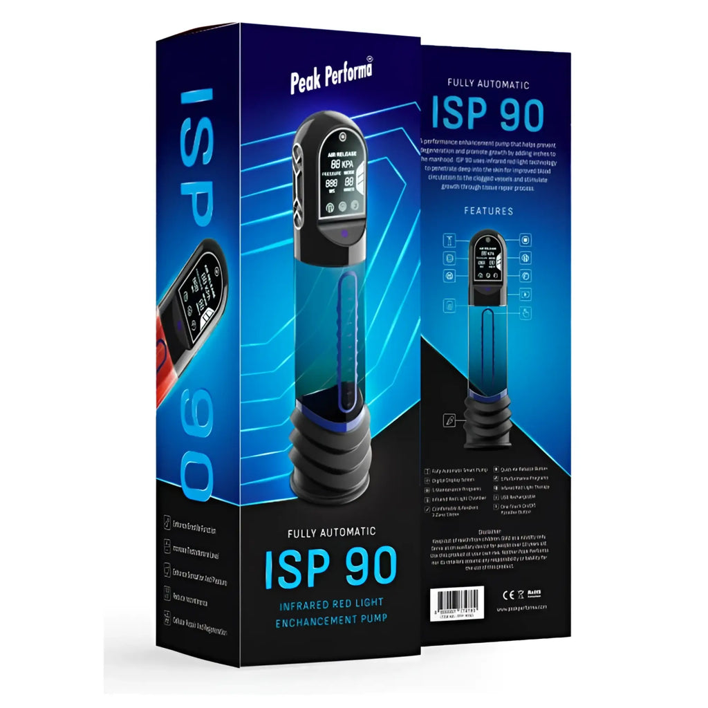 Peak Performa ISP90 curve infrared automatic LCD penis pump with black and translucent blue body and textured grip base