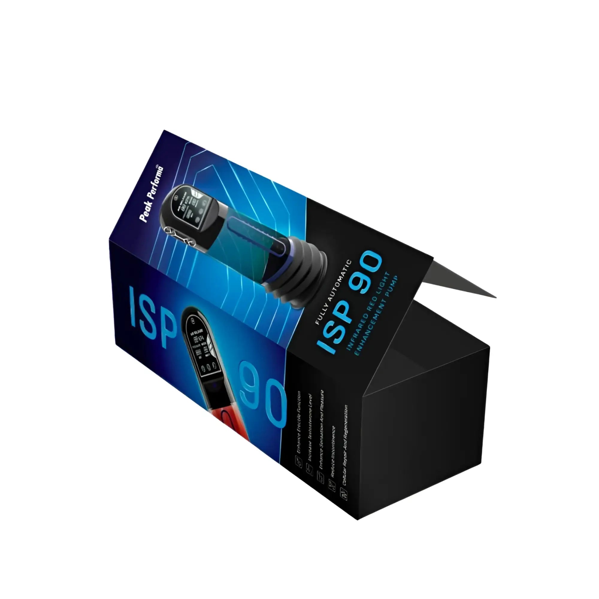 Peak performa isp90 curve fully automatic infrared lcd penis pump in black and blue packaging