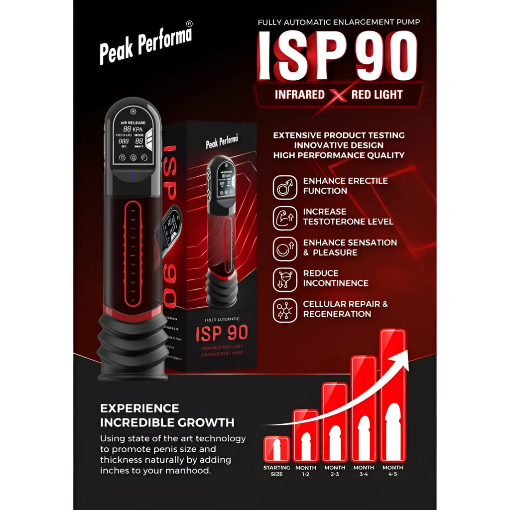 Black and red peak performa isp90 fully automatic enlargement penis pump with digital lcd display for curve infrared use