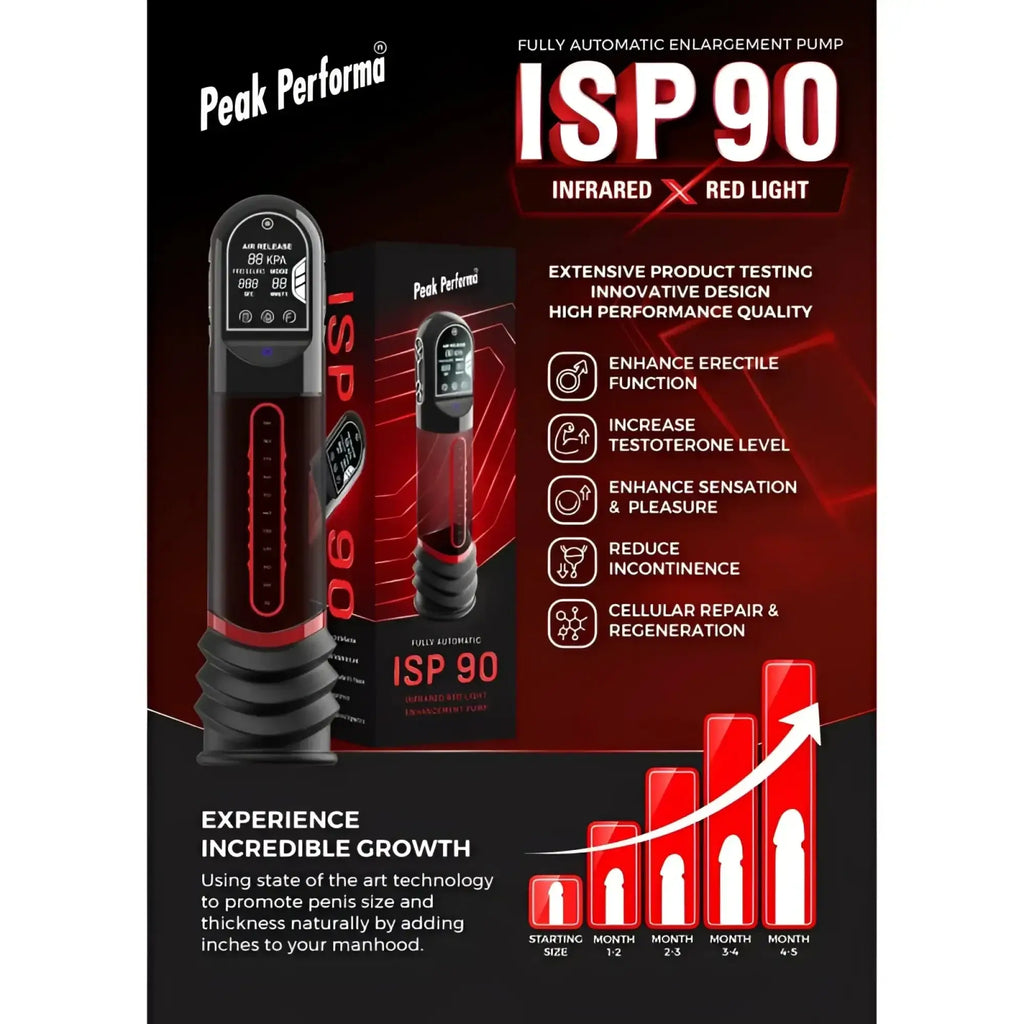 Black and red peak performa isp90 fully automatic enlargement penis pump with digital lcd display for curve infrared use