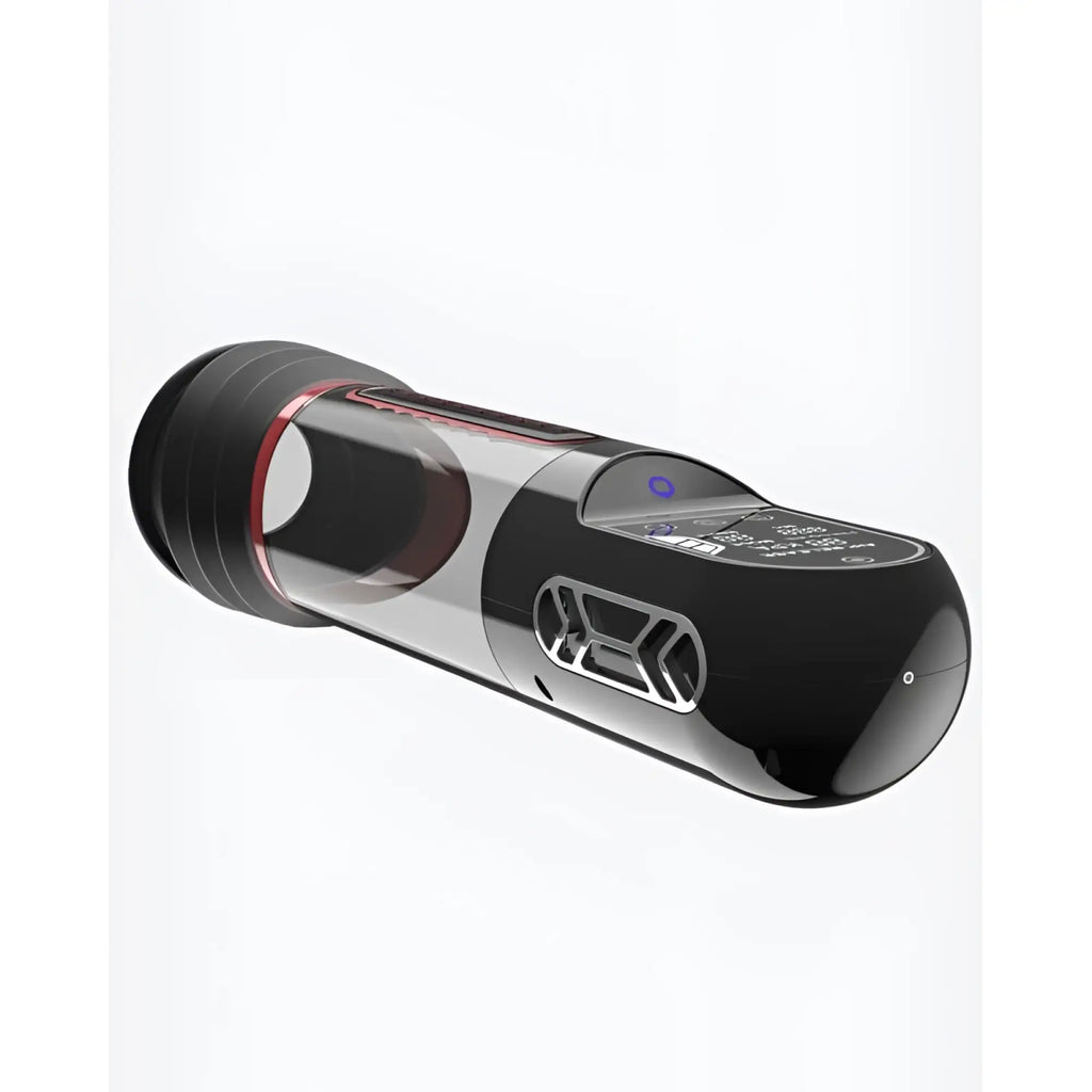 Peak Performa ISP90 curve infrared automatic LCD penis pump in black transparent with red accent and silver vent design