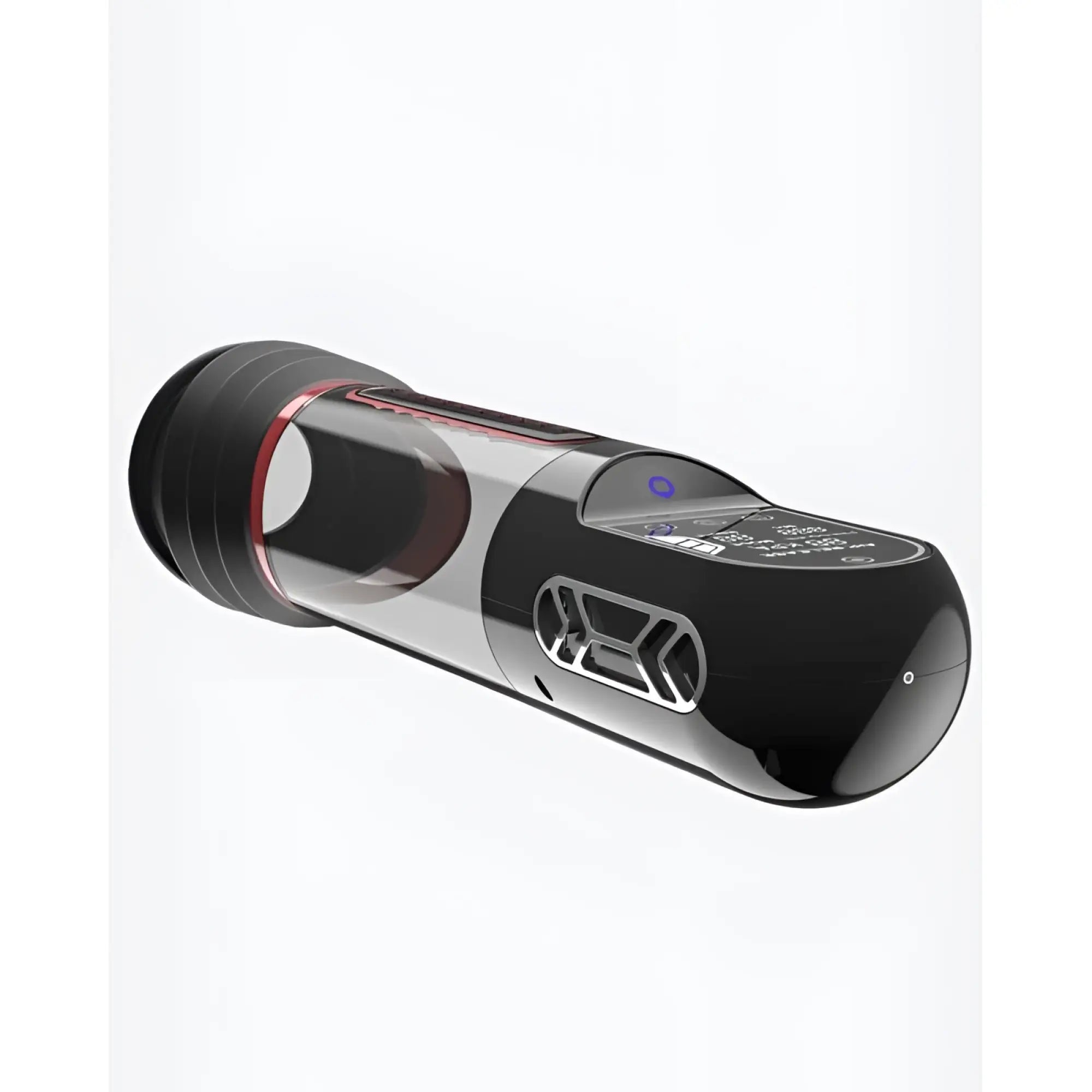 Peak Performa ISP90 curve infrared automatic LCD penis pump in black transparent with red accent and silver vent design