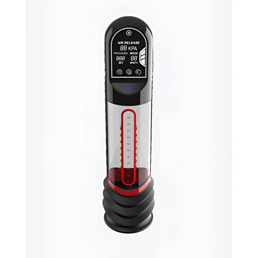 Peak Performa ISP90 Curve infrared automatic LCD penis pump black and red with transparent chamber and pressure gauge display