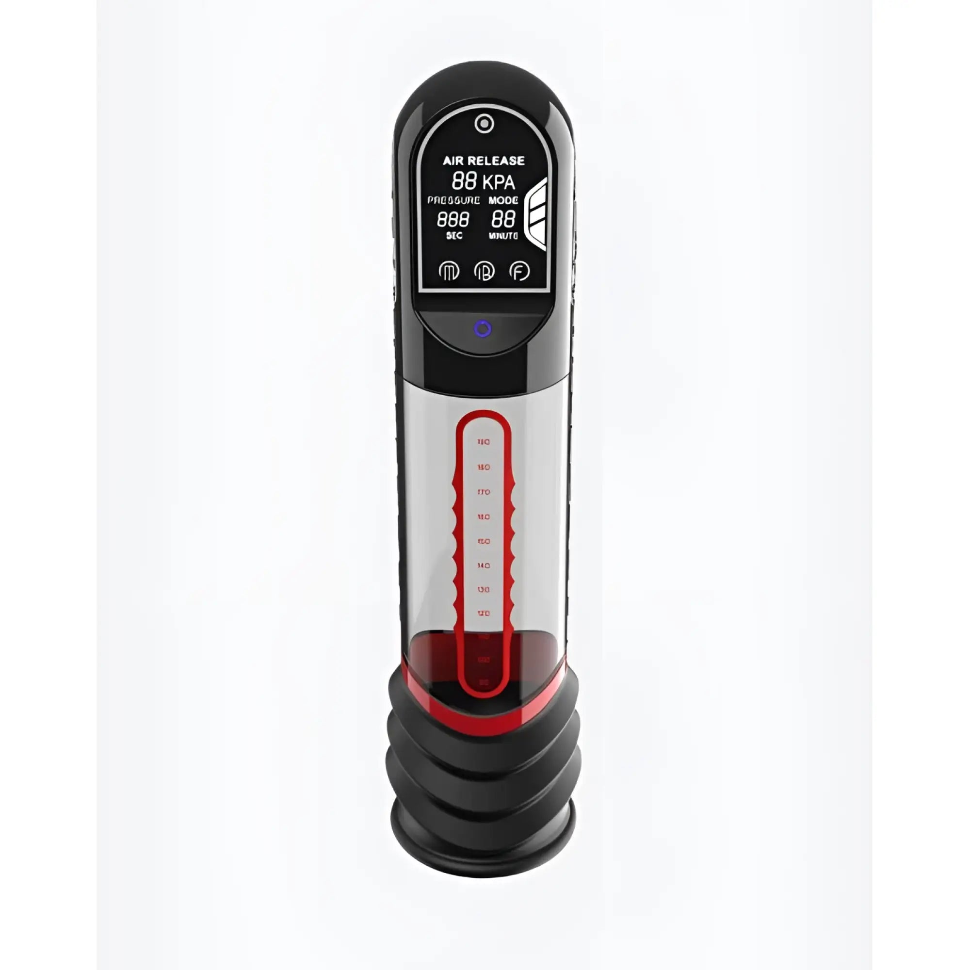 Peak Performa ISP90 Curve infrared automatic LCD penis pump black and red with transparent chamber and pressure gauge display