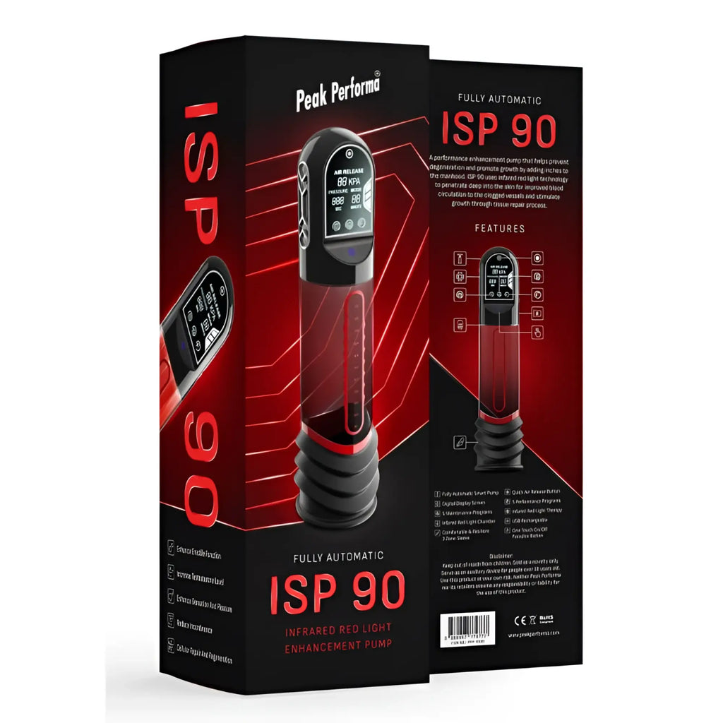 Peak performa isp90 curve infrared automatic lcd penis pump in red with sleek black and red design and digital display