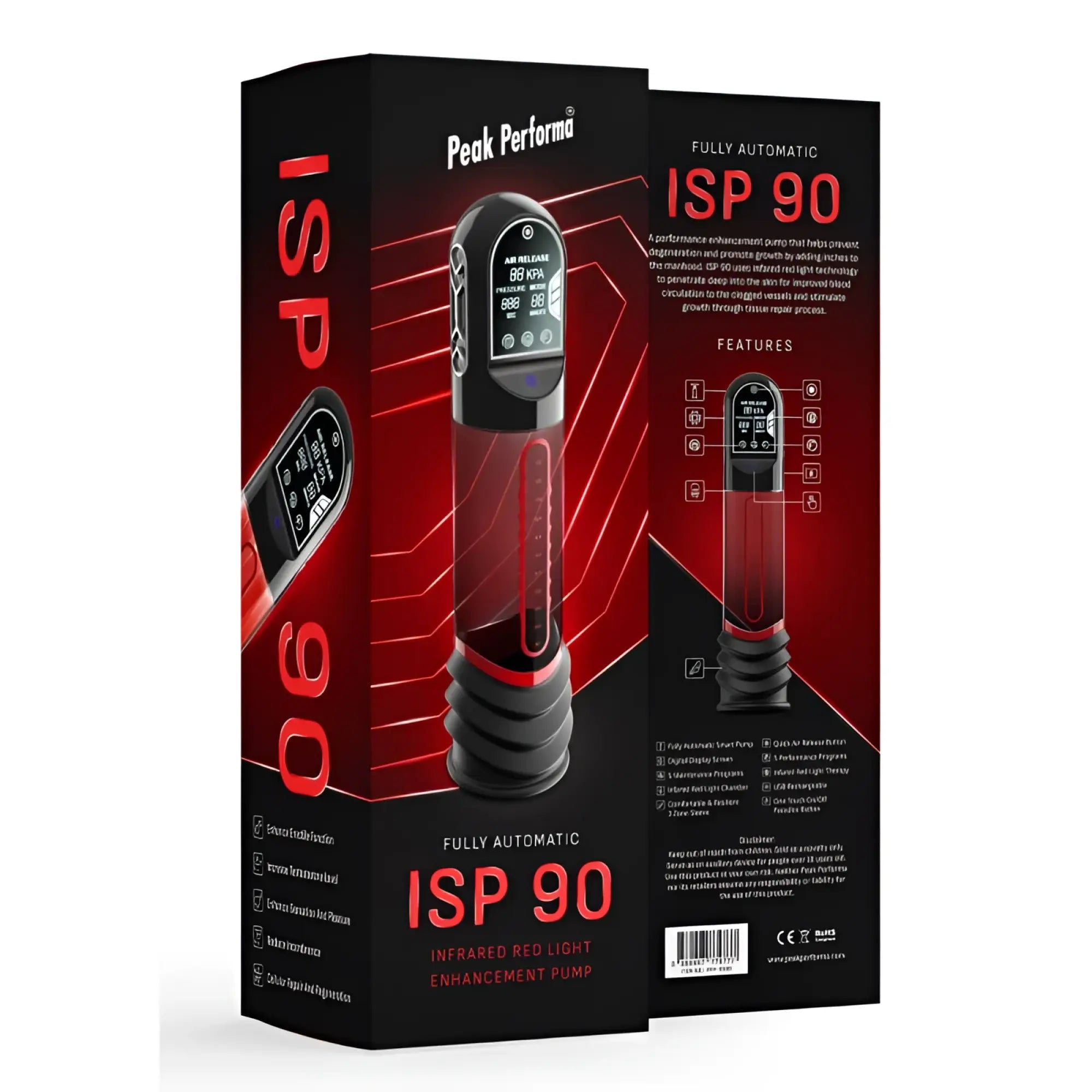 Peak performa isp90 curve infrared automatic lcd penis pump in red with sleek black and red design and digital display
