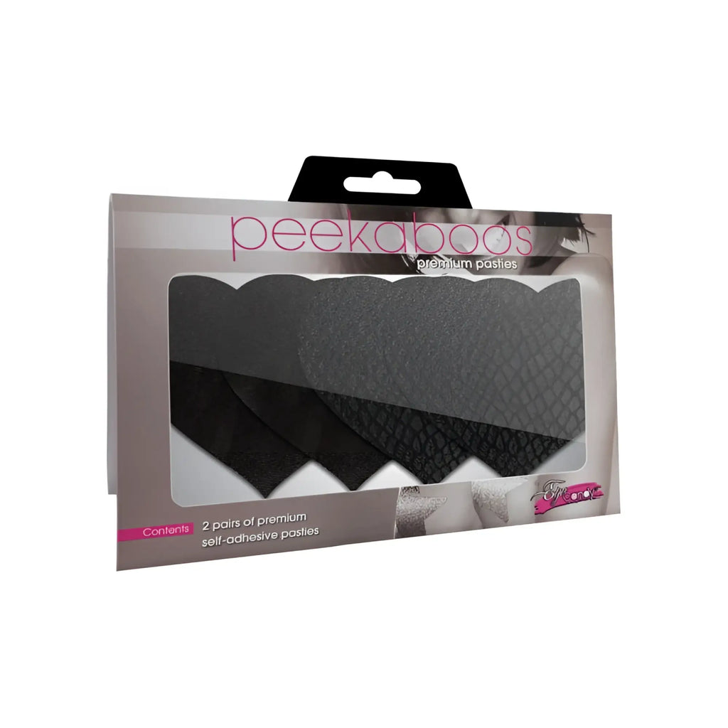 Black self-adhesive pasties with textured surface and scalloped edges in peekaboo brand packaging for classic black hearts pasties