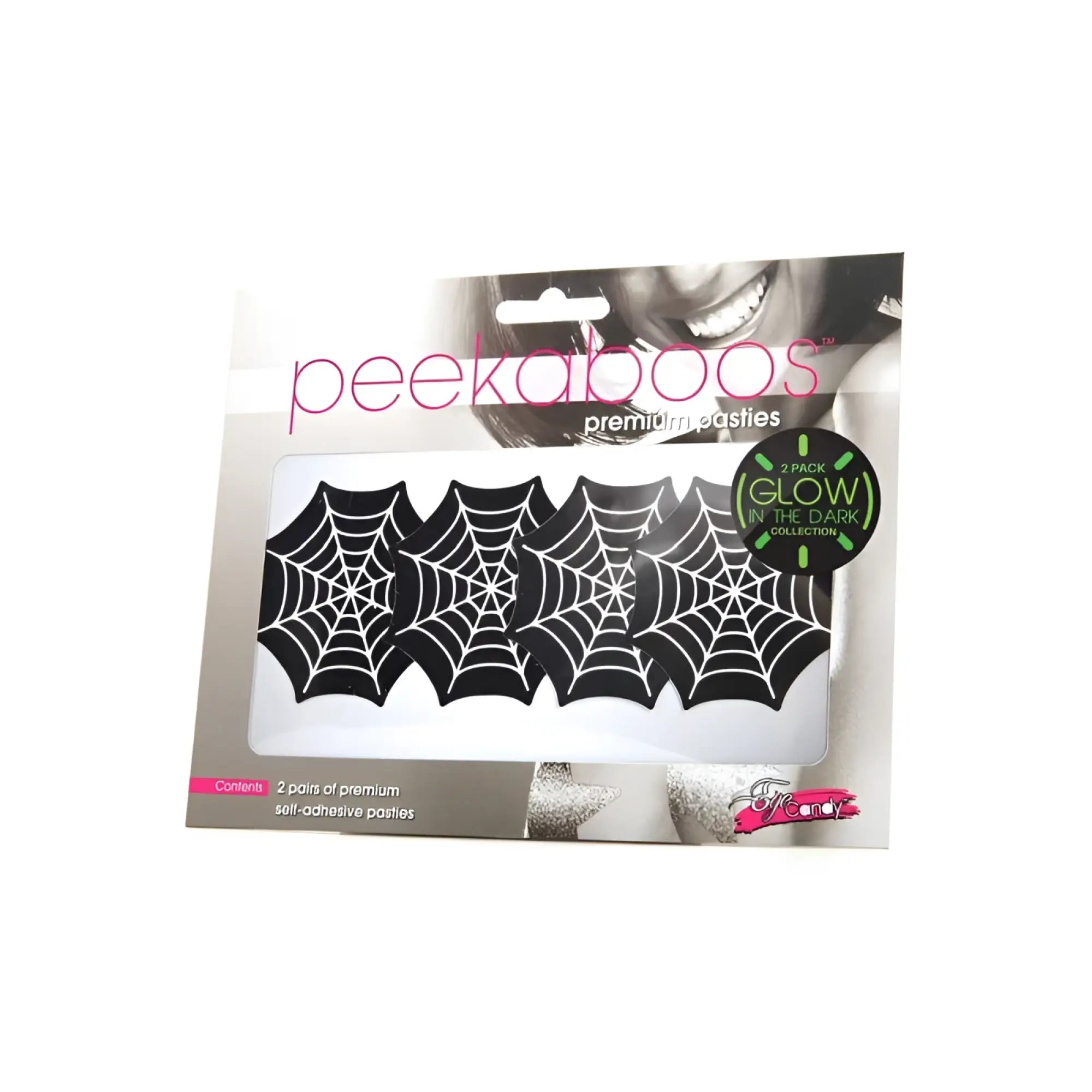 Peekaboo pasties glow in the dark webs black spiderweb shaped pasties in packaged set for costume or festival wear