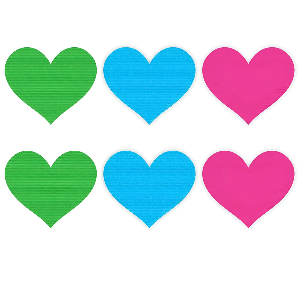 Set of six colorful heart-shaped neon adhesive pasties in green blue and pink for playful body decoration