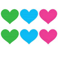 Set of six colorful heart-shaped neon adhesive pasties in green blue and pink for playful body decoration