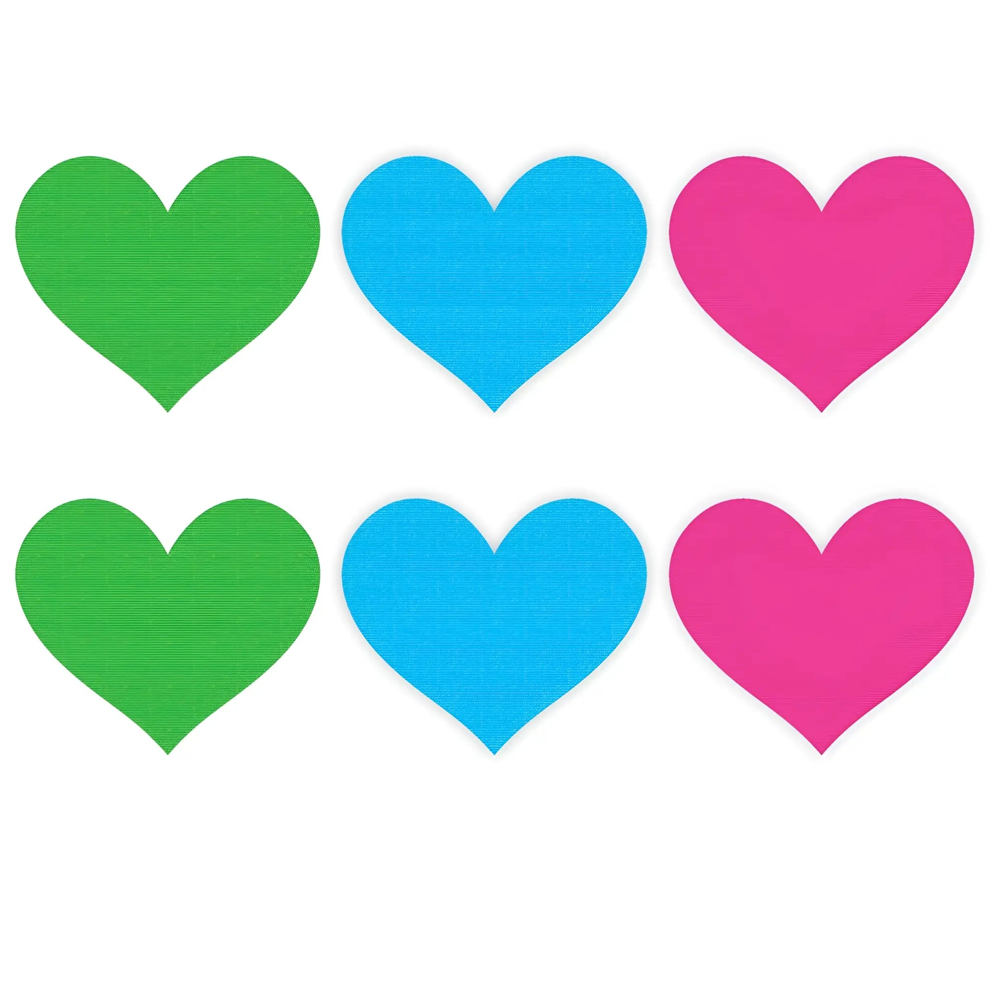 Set of six colorful heart-shaped neon adhesive pasties in green blue and pink for playful body decoration