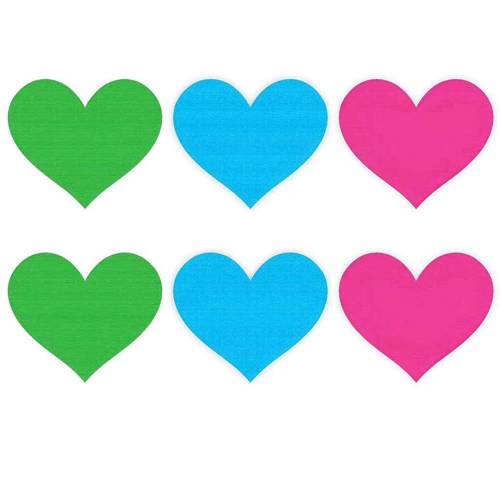 Set of six colorful heart-shaped neon adhesive pasties in green blue and pink for playful body decoration