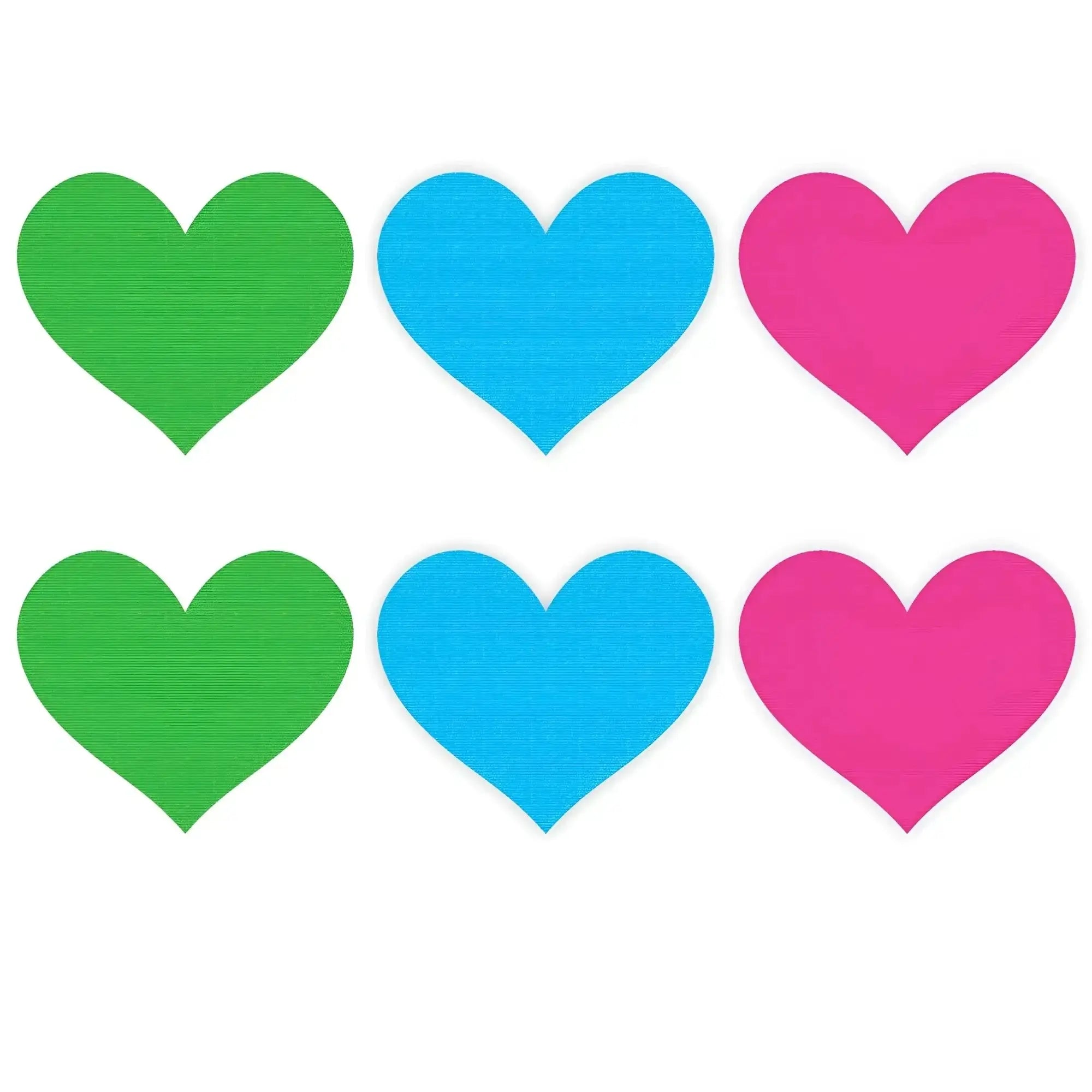 Set of six colorful heart-shaped neon adhesive pasties in green blue and pink for playful body decoration