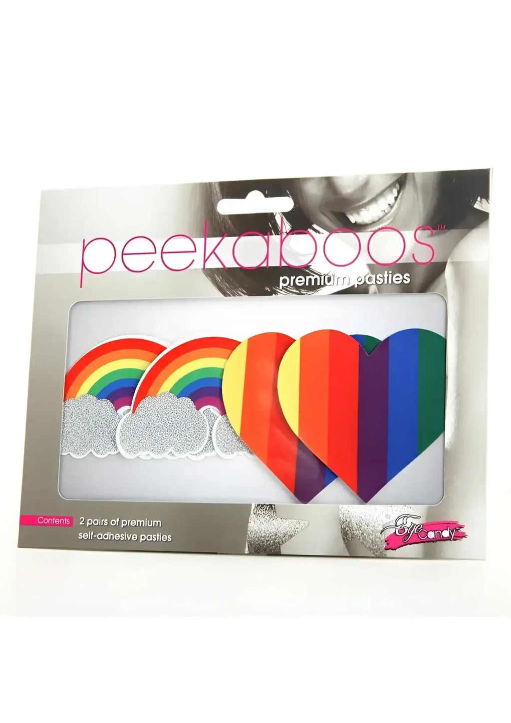Peekaboo premium pasties rainbow and heart shaped glitter self adhesive pasties in pride colors in packaging