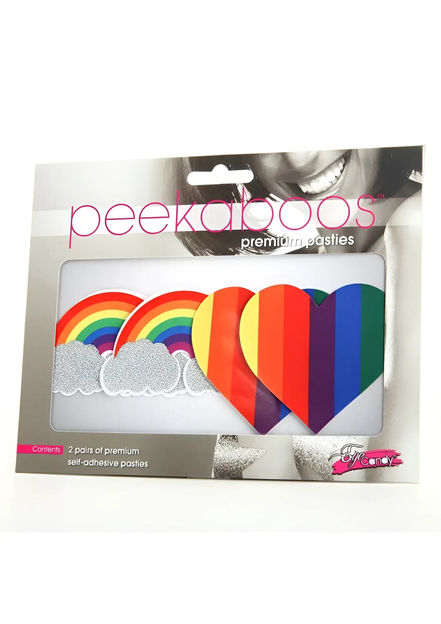 Peekaboo premium pasties rainbow and heart shaped glitter self adhesive pasties in pride colors in packaging