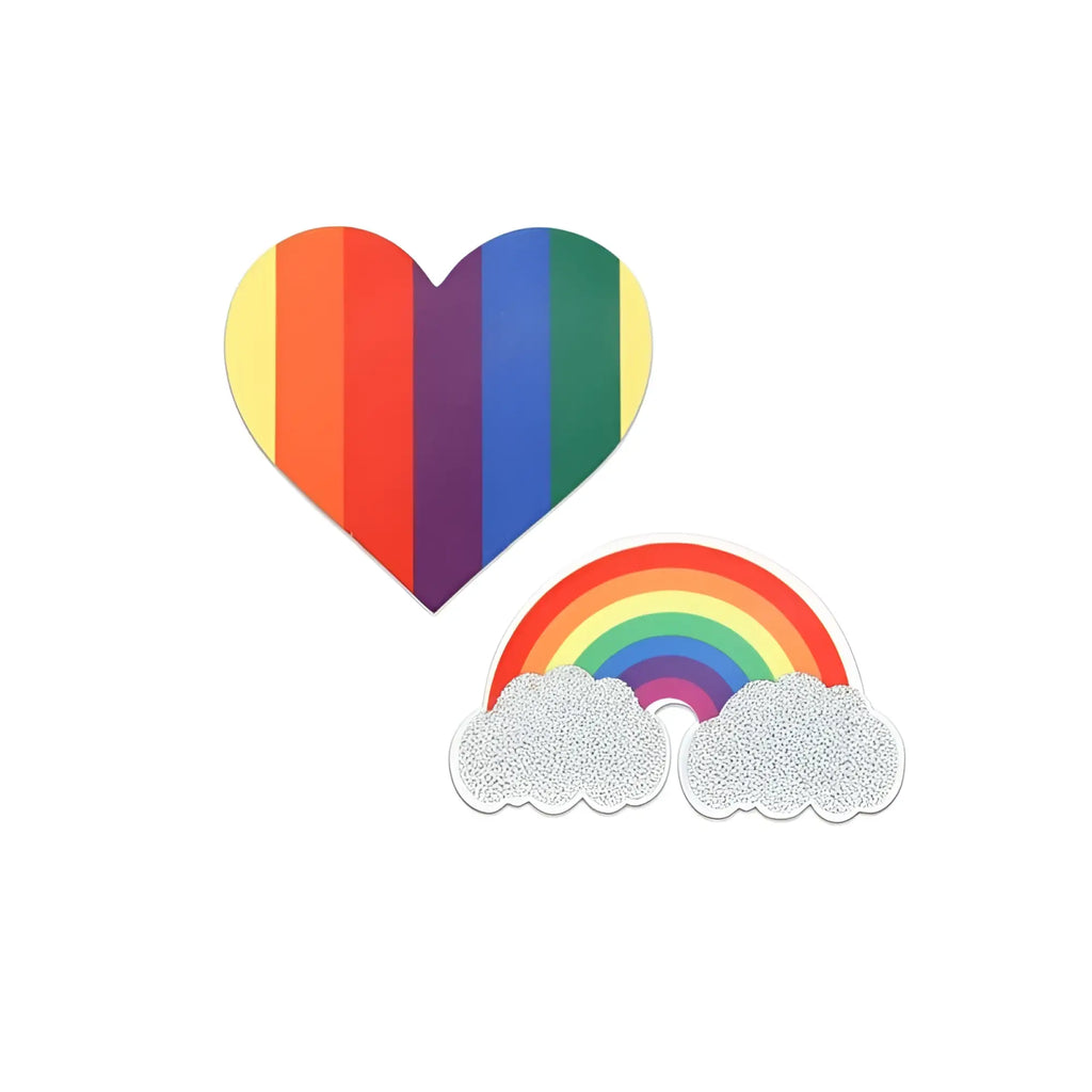 Peekaboo pasties pride glitter rainbows and hearts pasties featuring rainbow adhesive stickers with a heart and glittery clouds