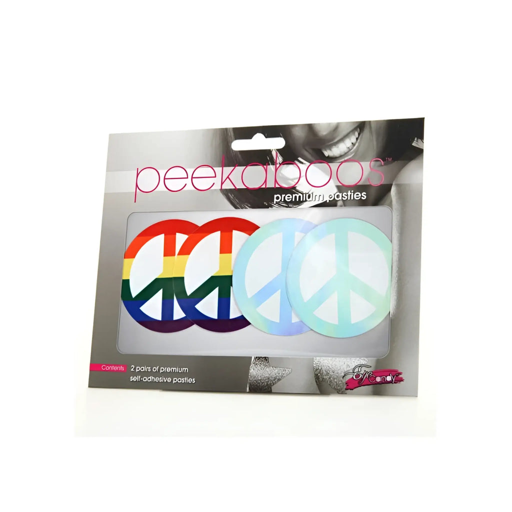 Rainbow and pastel blue peace sign self-adhesive pasties in peekaboo brand packaging for pride and fashion use