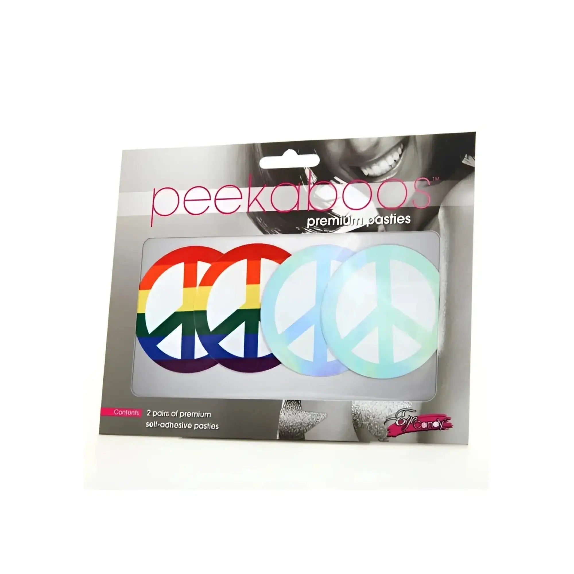 Rainbow and pastel blue peace sign self-adhesive pasties in peekaboo brand packaging for pride and fashion use