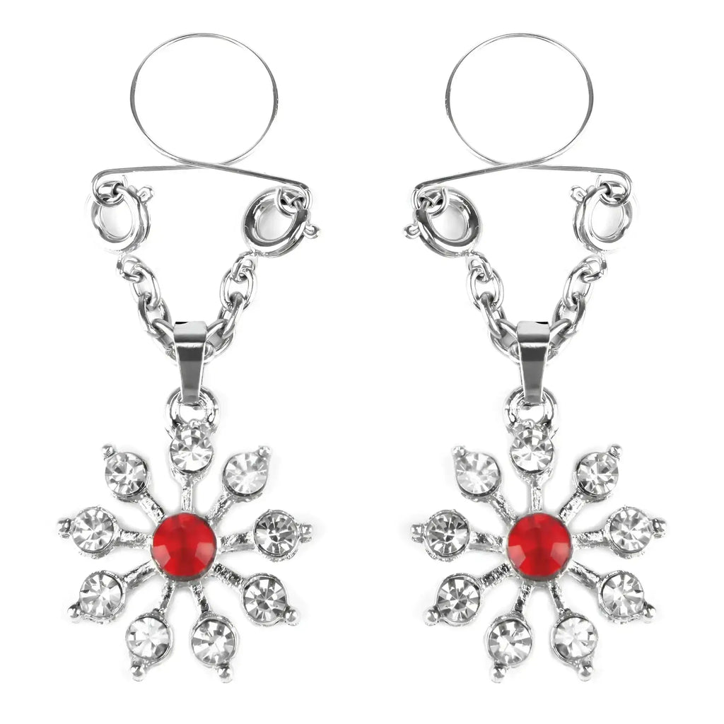 Silver snowflake-shaped nipple clamps with a central red gemstone and clear crystals.