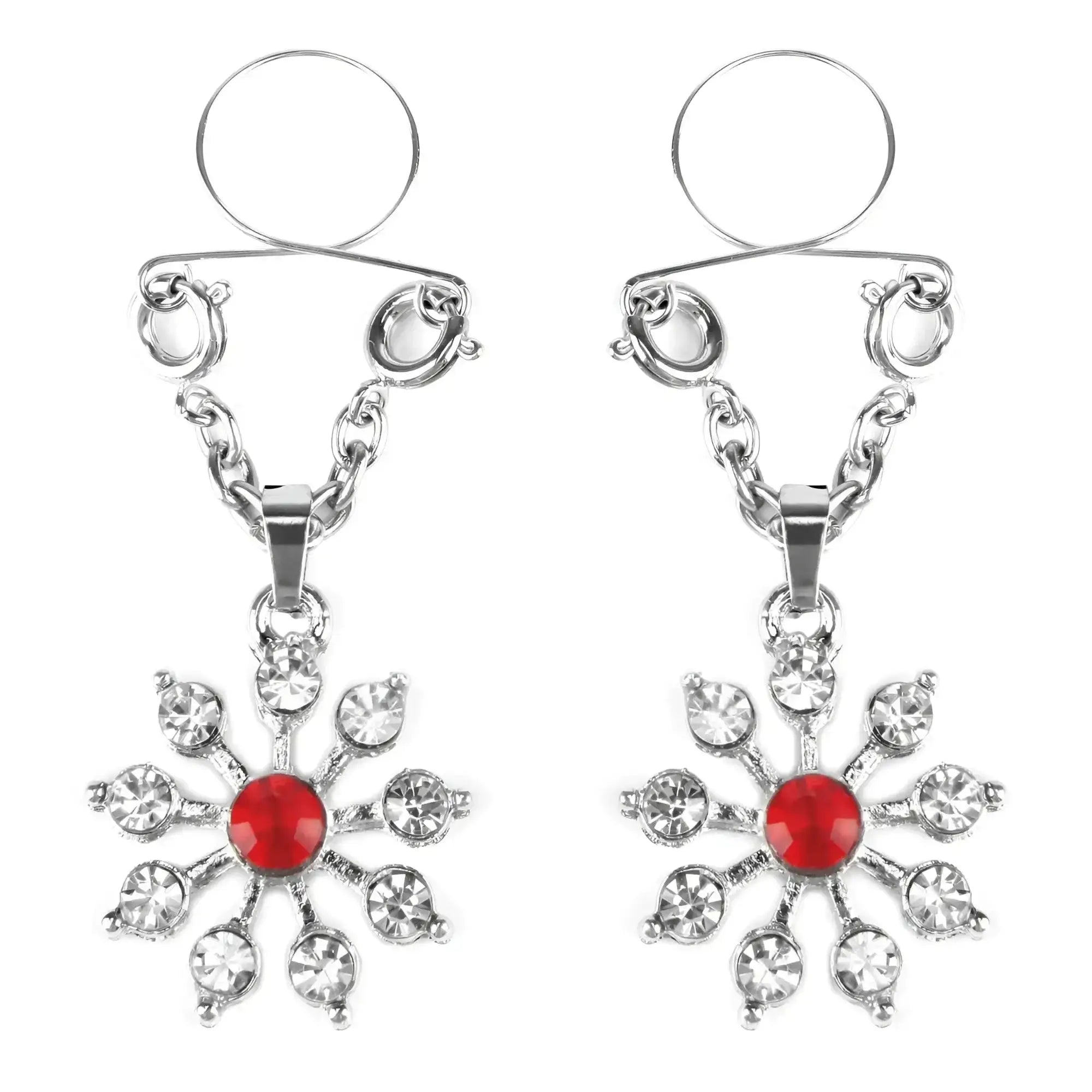 Silver snowflake-shaped nipple clamps with a central red gemstone and clear crystals.