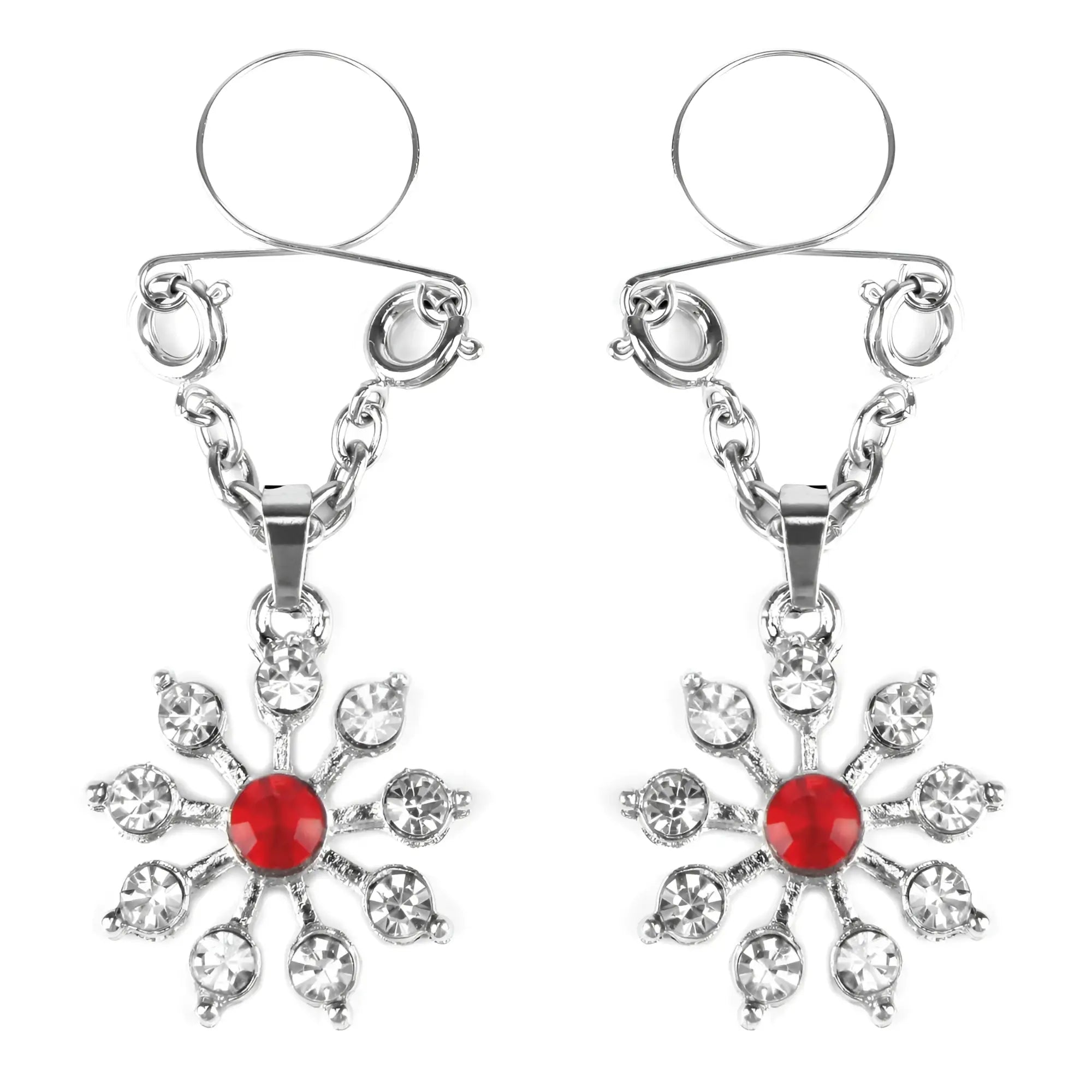 Silver snowflake-shaped nipple clamps with a central red gemstone and clear crystals from peekaboo pasties ruby and diamond star nipple jewellery