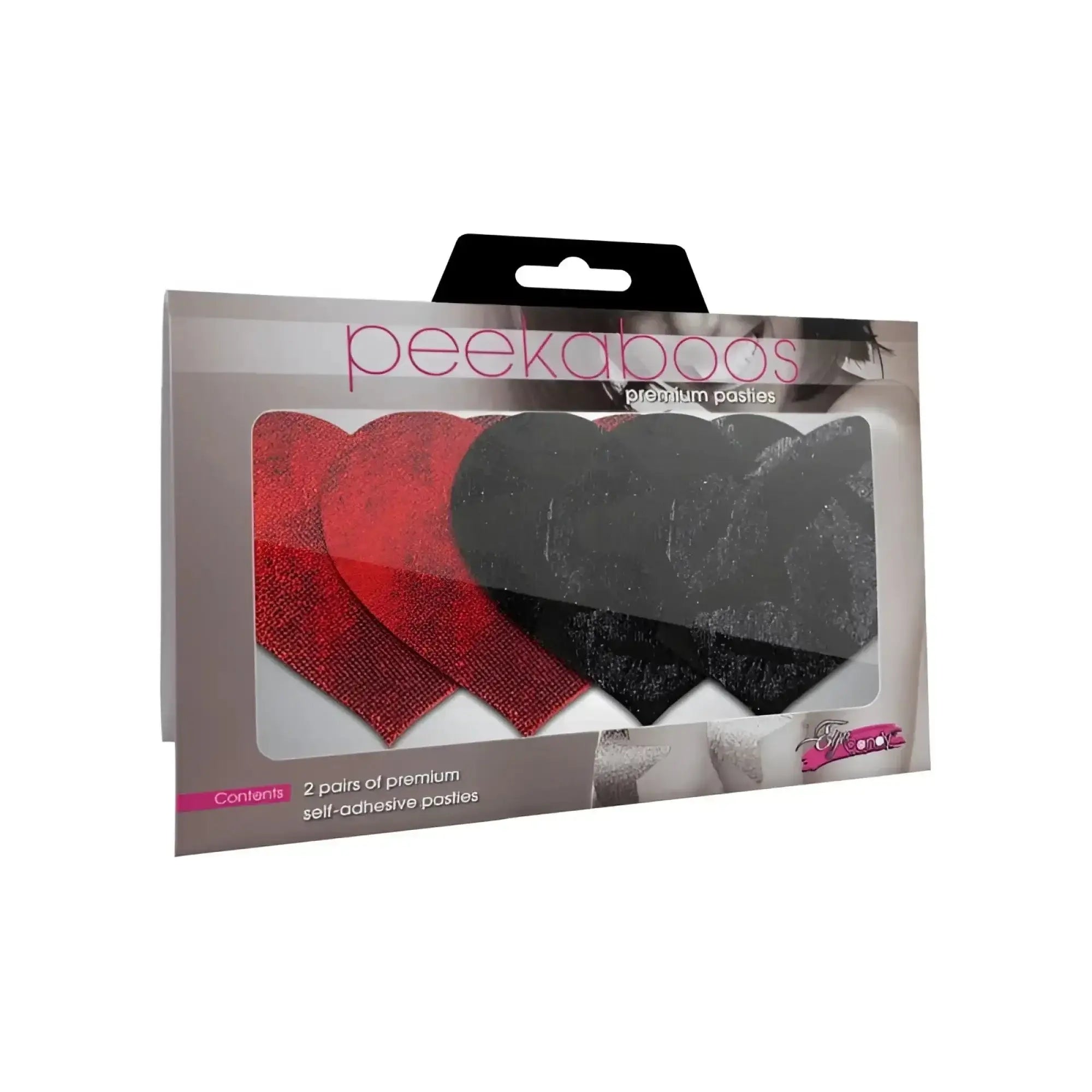 Peekaboo pasties stolen kisses red and black glittery heart-shaped self-adhesive pasties in branded packaging