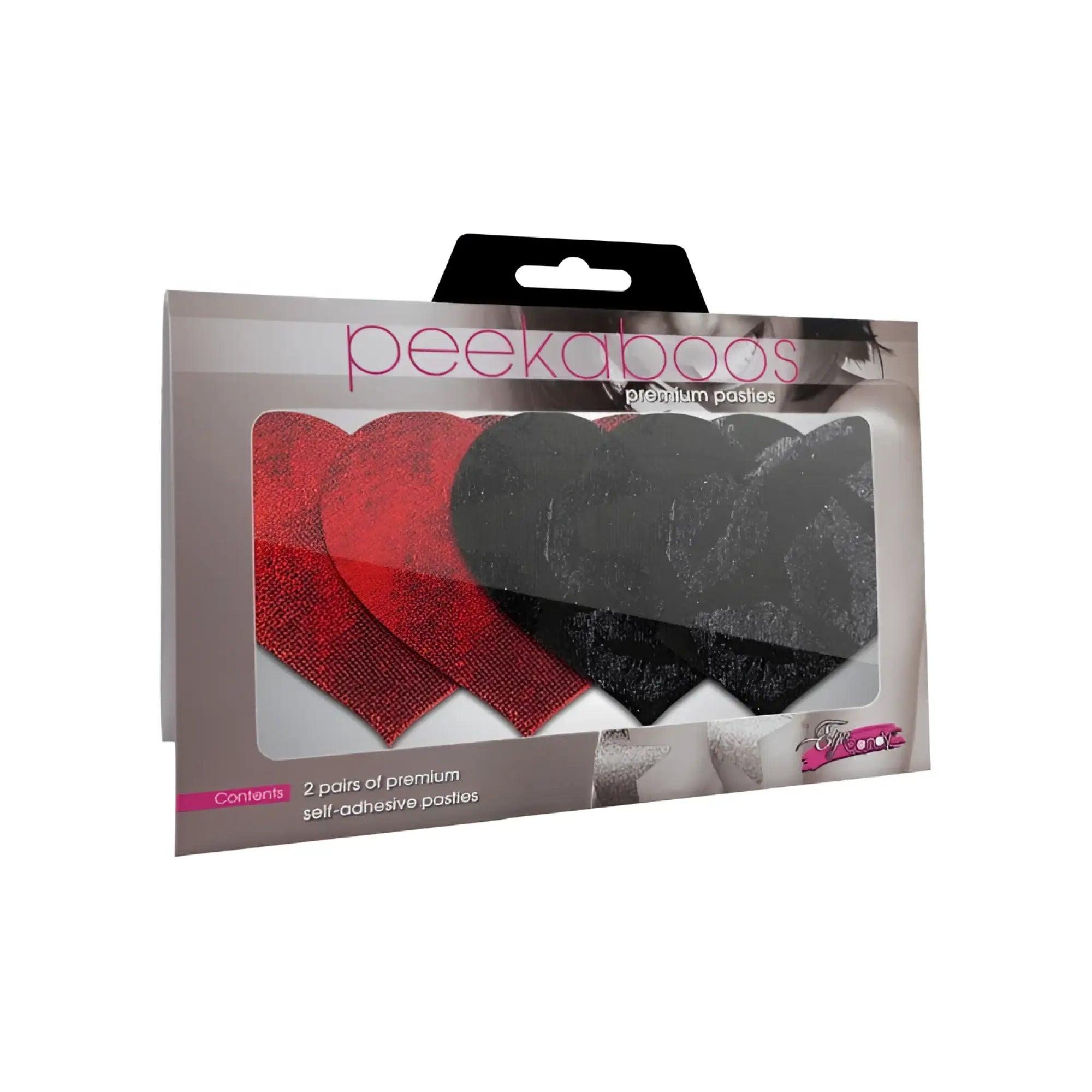 Peekaboo pasties stolen kisses red and black glittery heart-shaped self-adhesive pasties in branded packaging