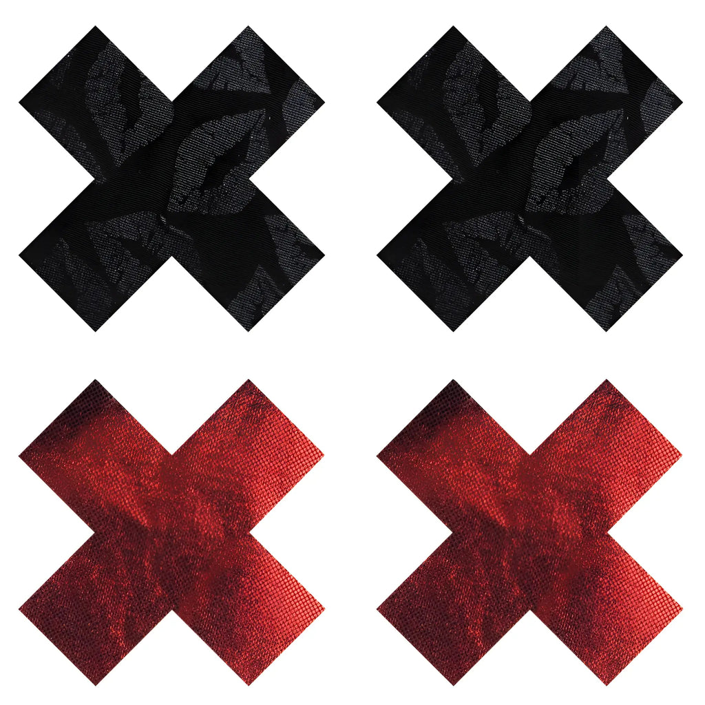 Black and red textured adhesive x shaped pasties from peekaboo pasties stolen kisses collection