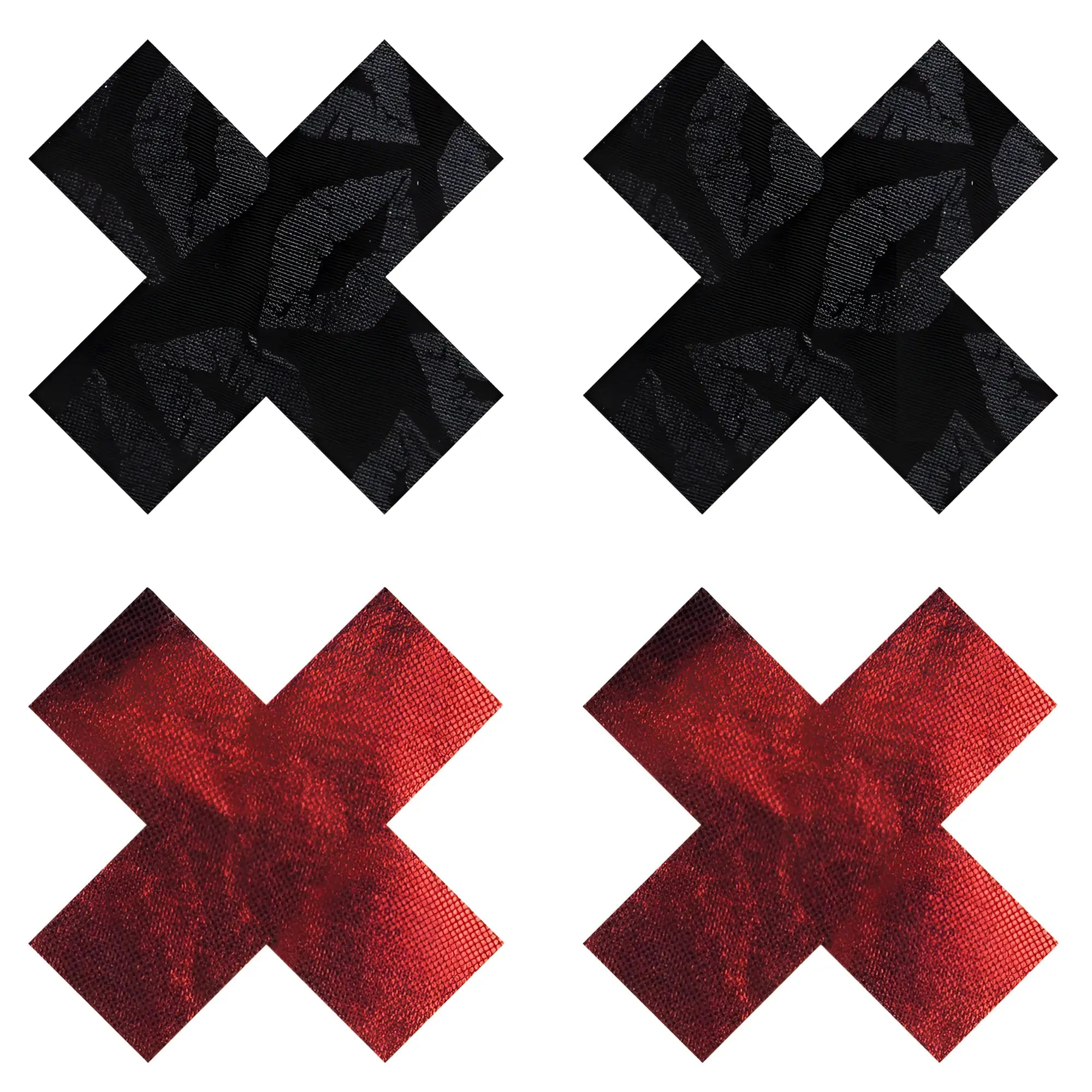 Black and red textured adhesive x shaped pasties from peekaboo pasties stolen kisses collection