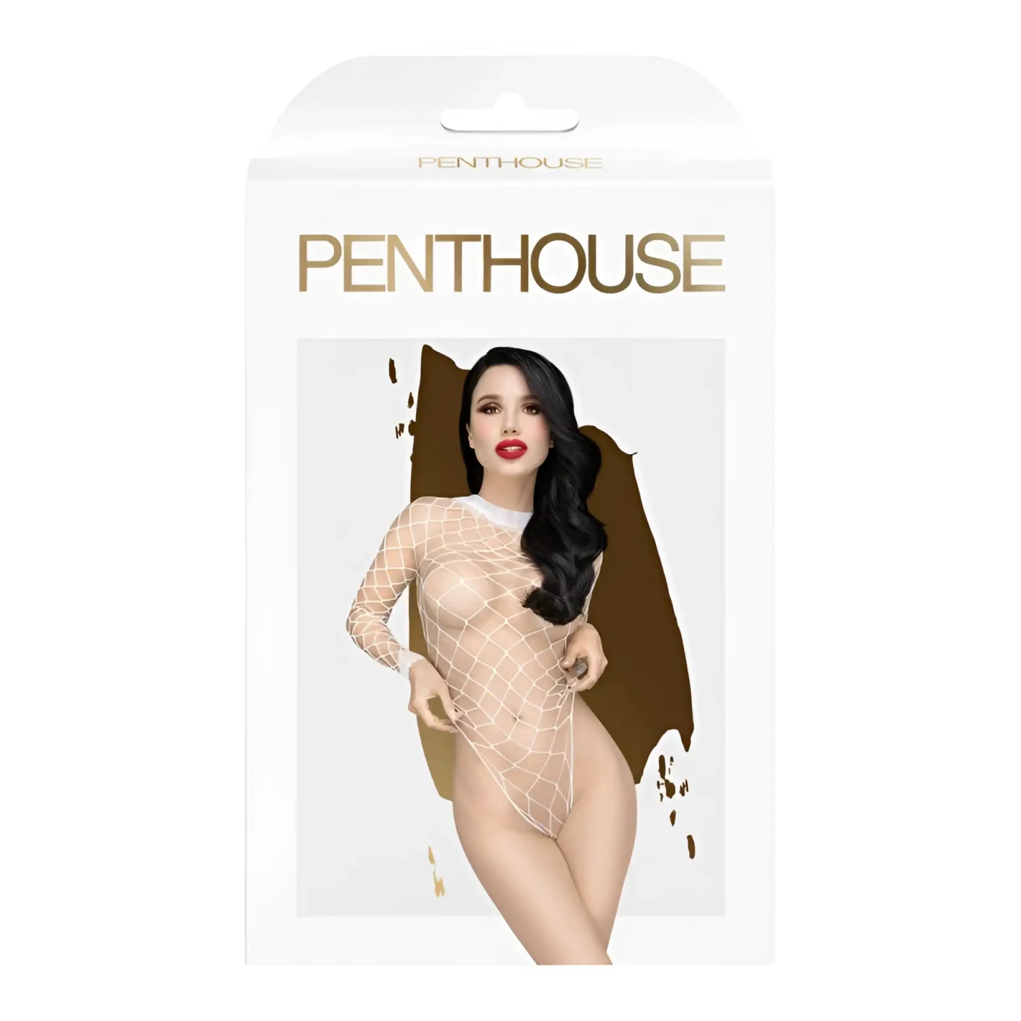 Penthouse scandalous teddy white xl beige fishnet bodysuit with long sleeves and high neckline in fishnet material