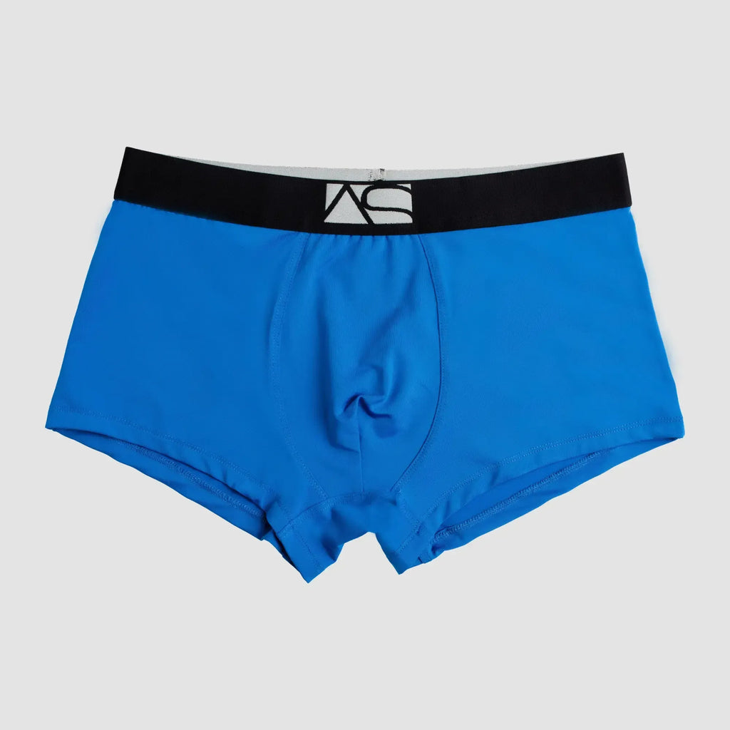 Bright blue perfect boyshorts menâs boxer briefs with black waistband and white logo for comfortable daily wear