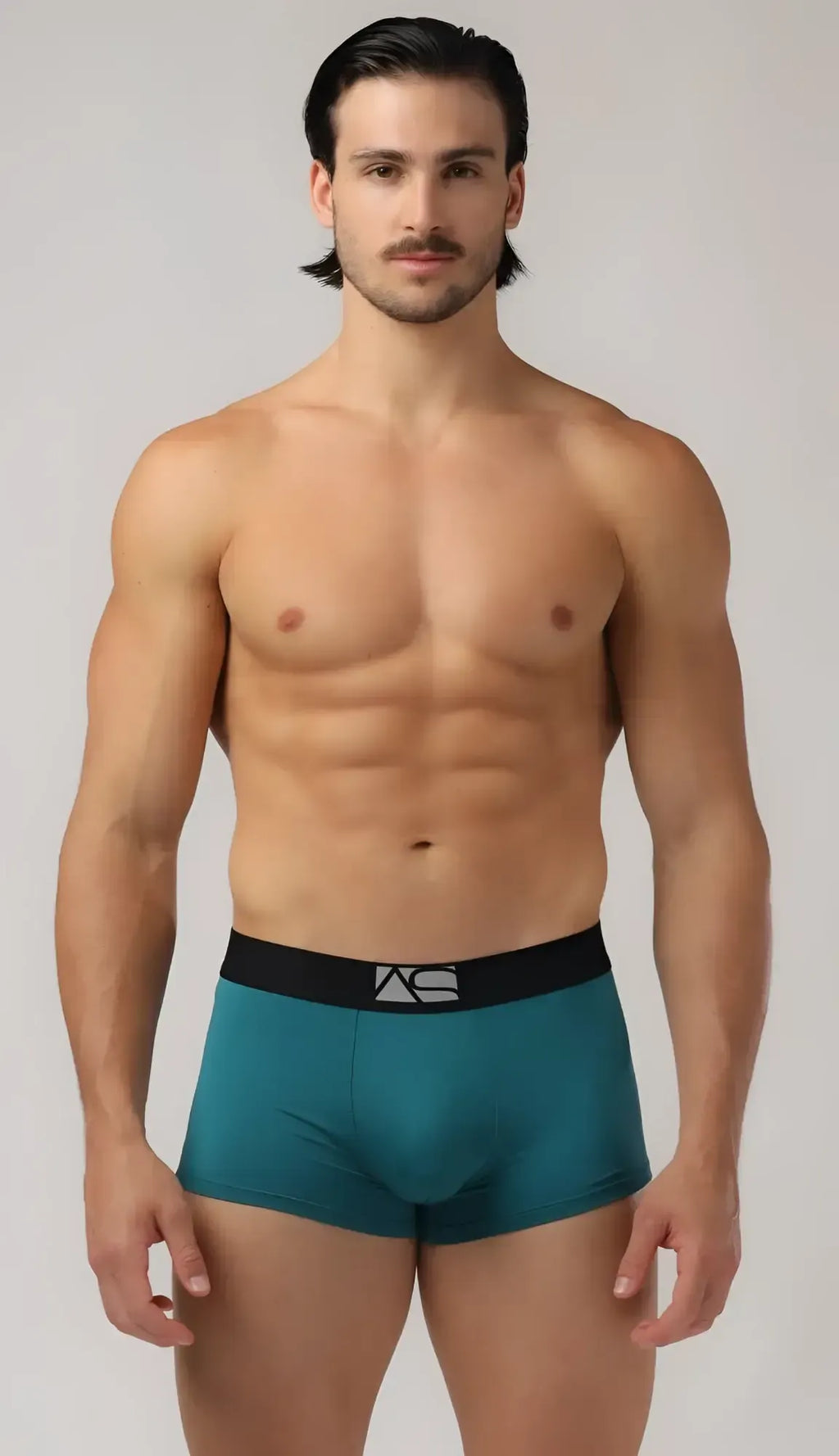 Teal menâs perfect boyshorts with black elastic waistband and silver logo featuring soft breathable fabric