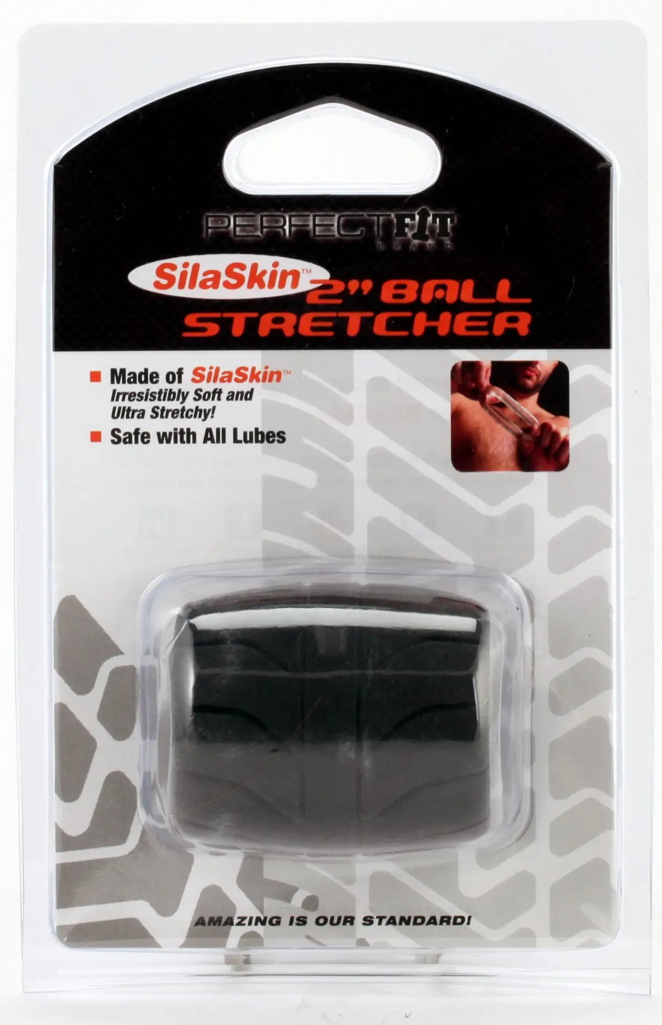 Black perfectaFit 2 inch silaSkin ball stretcher in clear plastic packaging showing front view