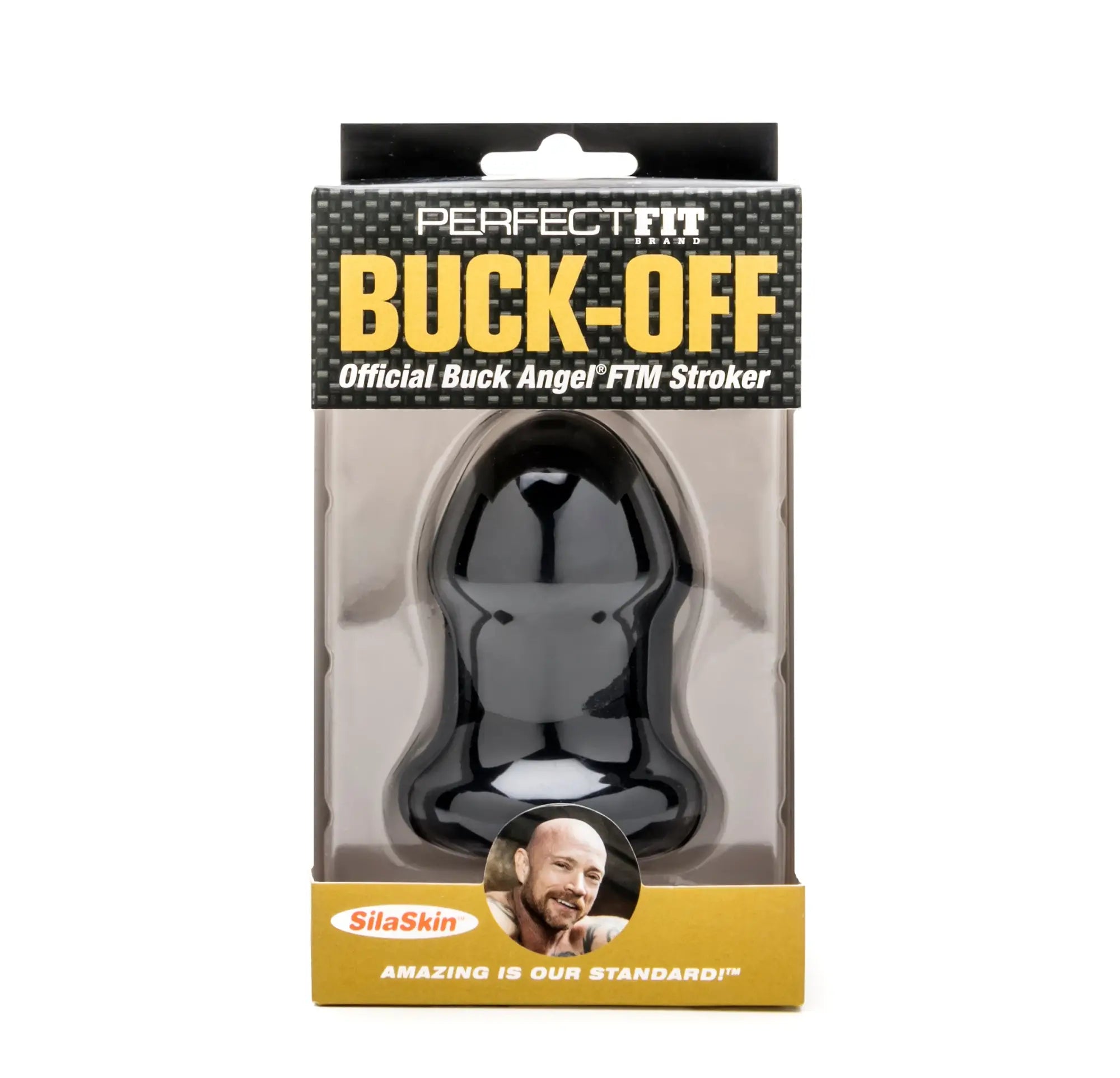 Black glossy silaskin perfectfit buck angel buck off ftm stroker in branded packaging for FTM use
