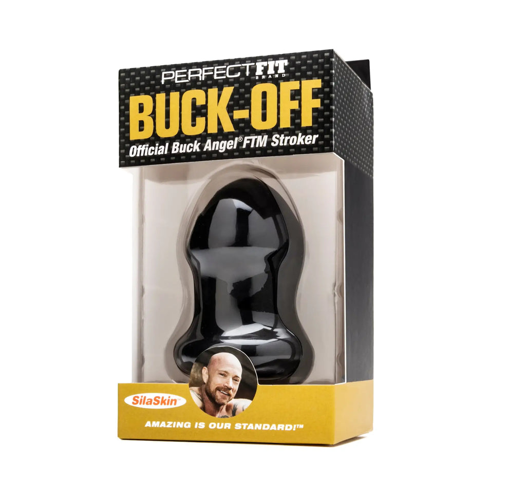 Black silaskin buck off ftm stroker in perfectfit buck angel branded packaging for transgender male use