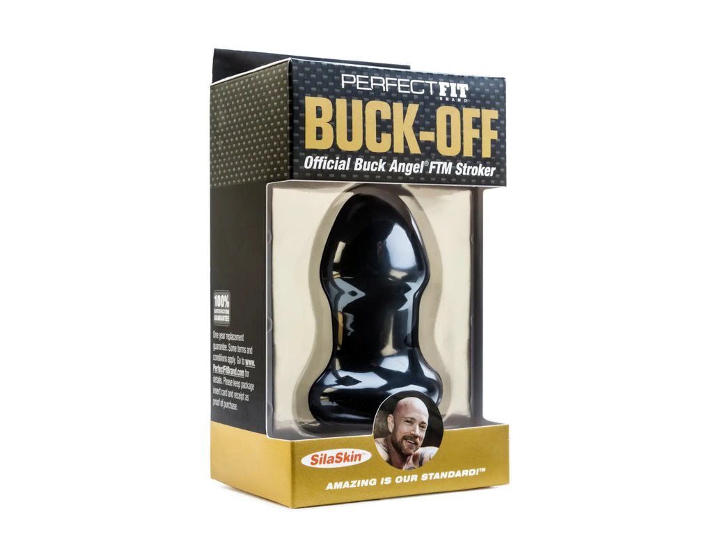 Black silicone perfectfit buck angel buck off ftm stroker with ergonomic design rounded head and tapered base