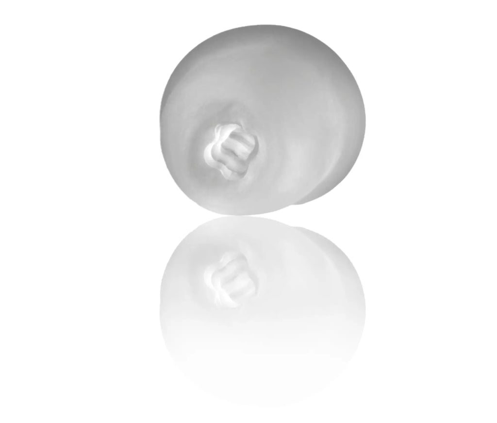 Translucent white silicone earbud with textured grip underside perfectfit buck angel kissx clear product image back side