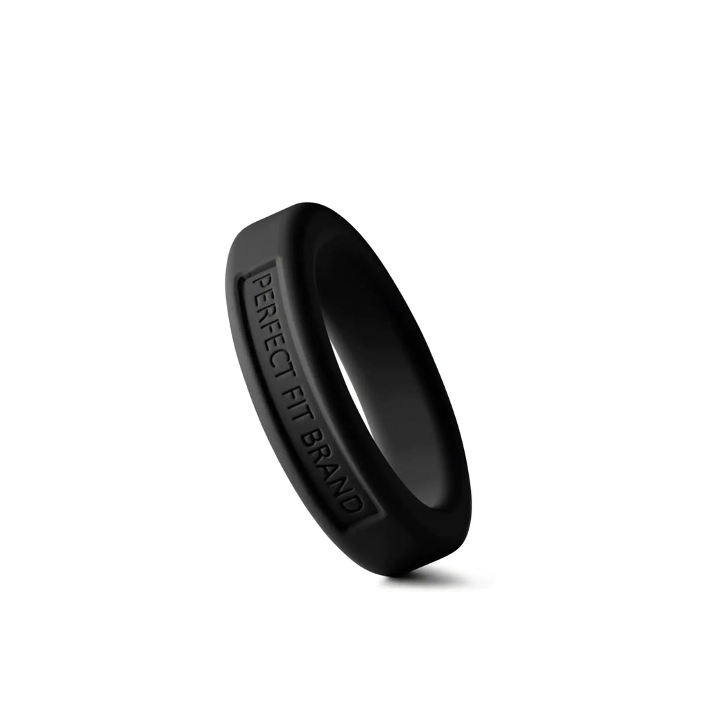 Black silicone medium stretch penis ring with perfect fit brand engraving on the inner surface