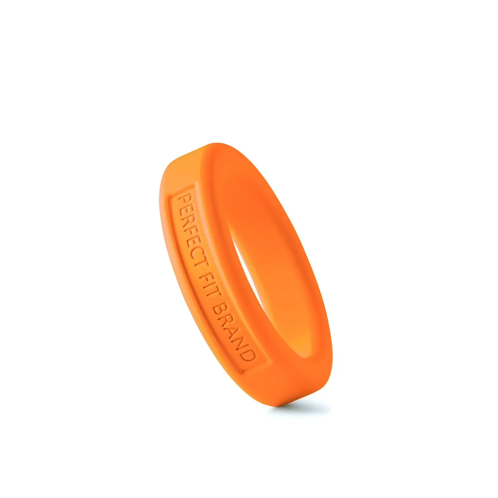 Bright orange perfectfit classic silicone medium stretch penis ring with perfect fit brand embossed inside edge
