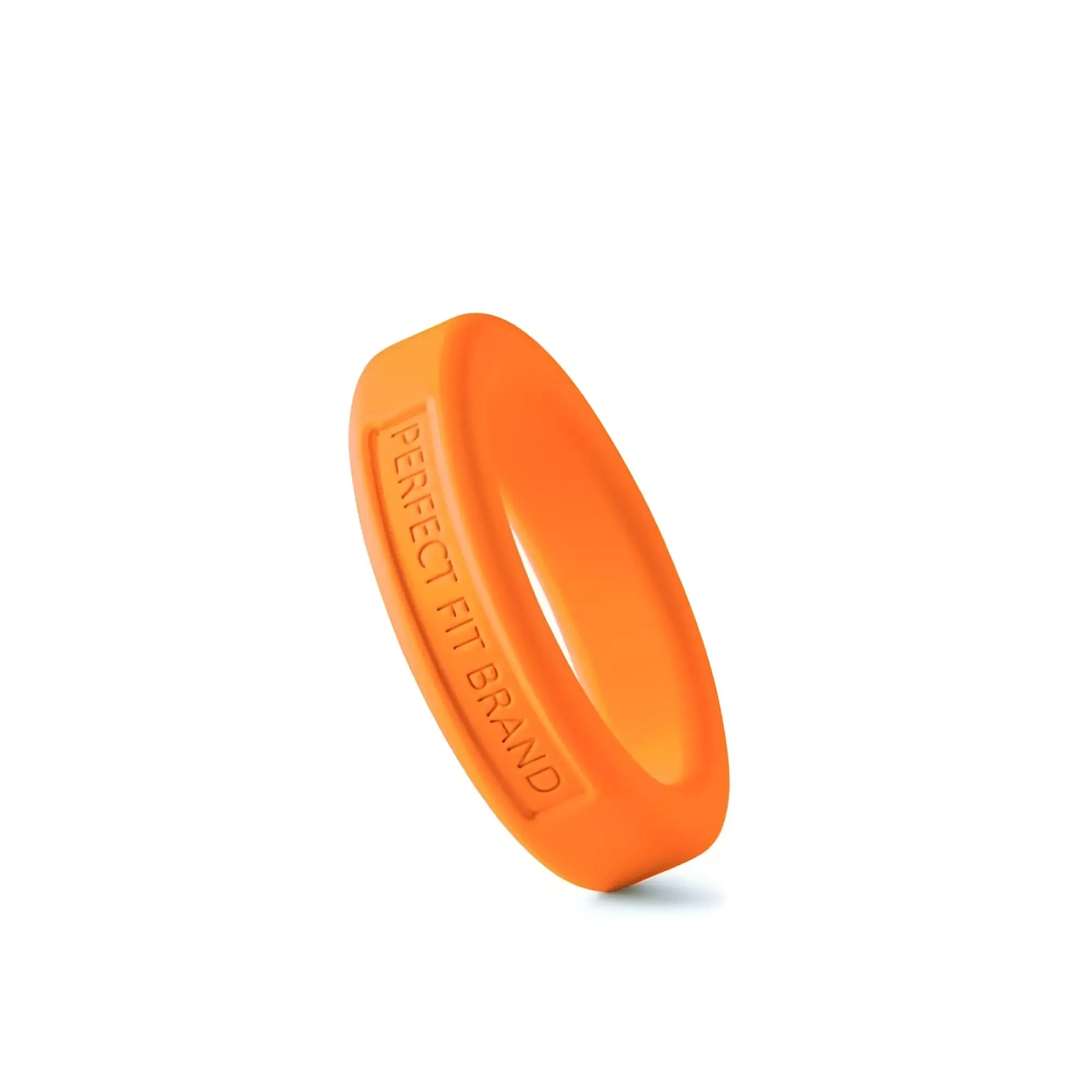 Bright orange perfectfit classic silicone medium stretch penis ring with perfect fit brand embossed inside edge